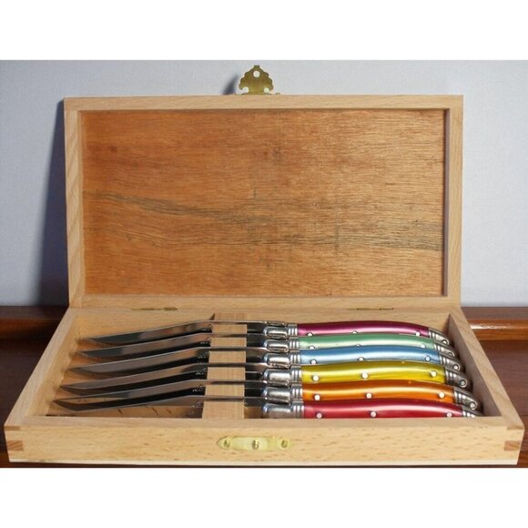 Laguiole Jean Néron 6 Piece Steak Knife Set, Rainbow Wood Presentation Box - NIB - Picture 2 of 3